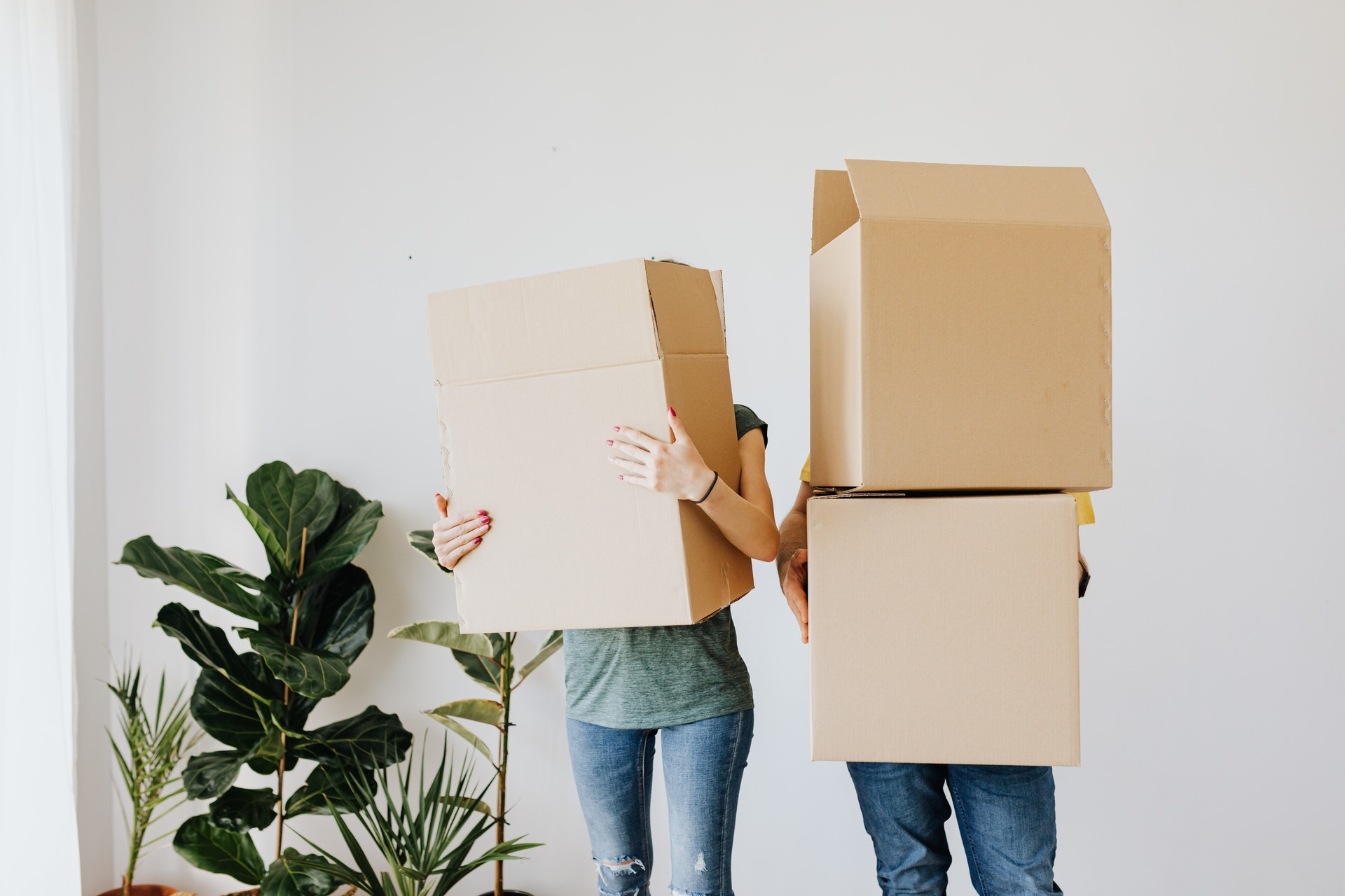 Man and woman holding moving boxes in white living room with plants | Where do I live if my home sells? | Boerne San Antonio Texas | Gahm Real Estate Team | Texas Hill Country