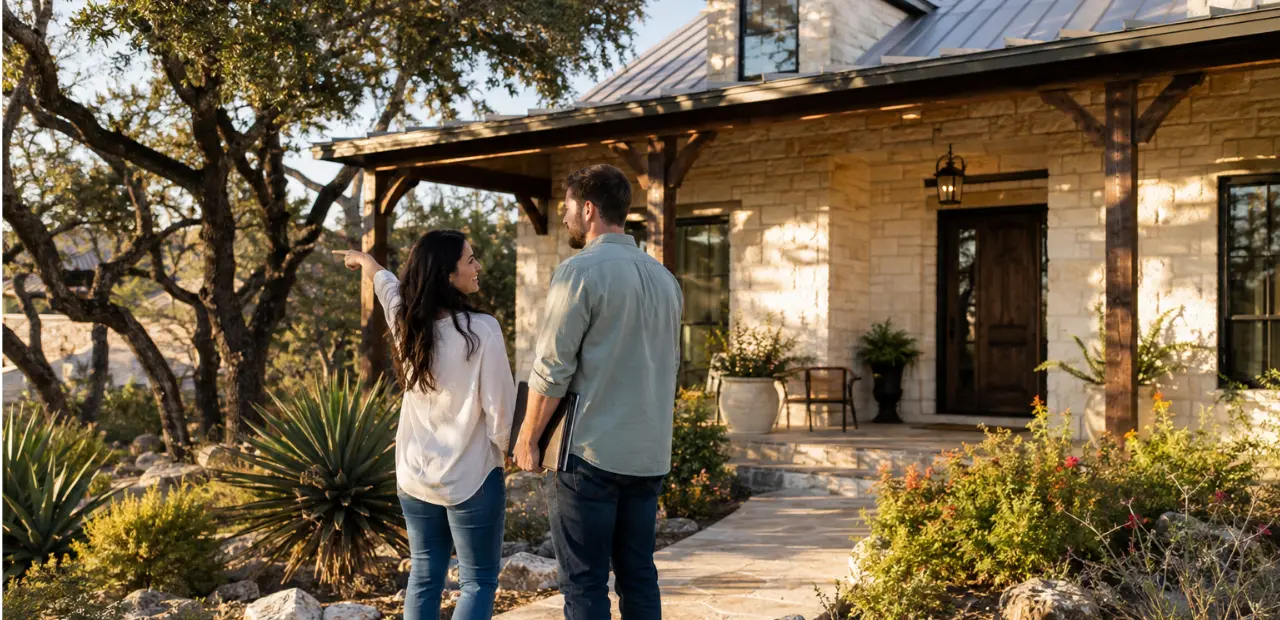 Couple discussing the purchase of their first home together outside a Hill Country-style house in Boerne