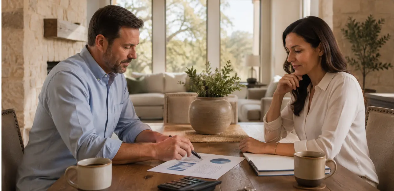 Two homeowners calmly reviewing property information and housing options at a dining table