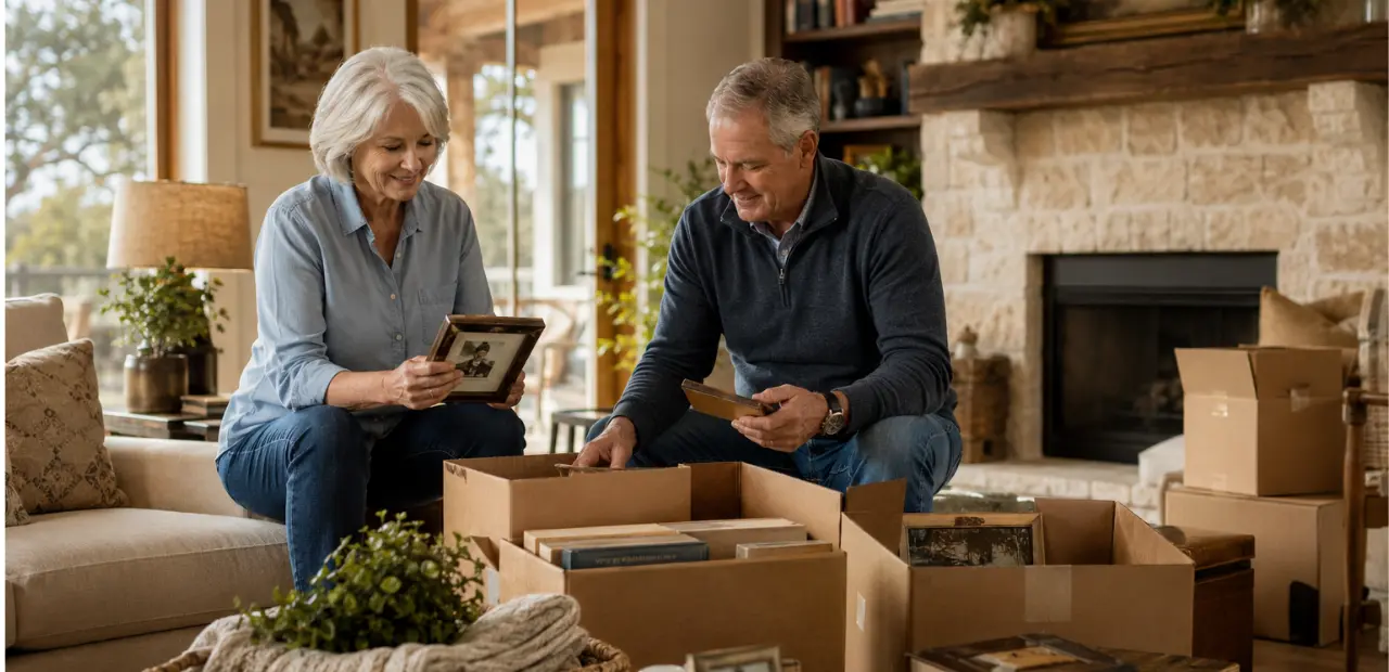 Older couple sorting keepsakes and moving boxes while preparing to downsize their Boerne home
