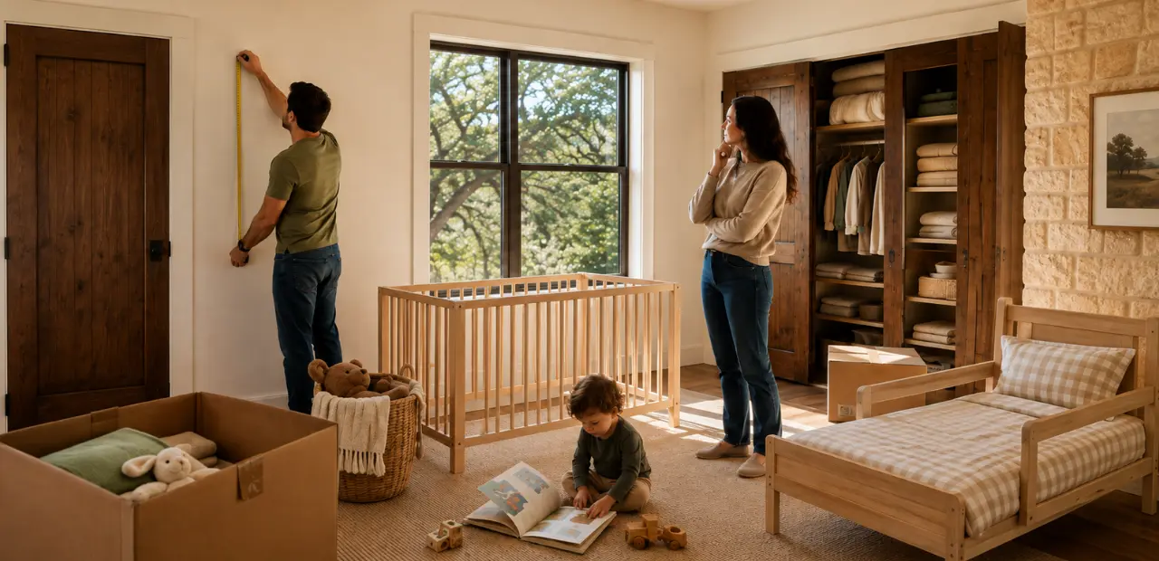 Couple measuring a spare room while planning space for a nursery in their Boerne-area home