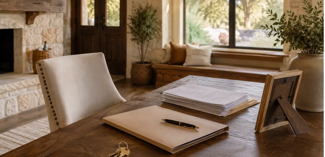 House key and organized estate papers on a dining table inside a Texas Hill Country home