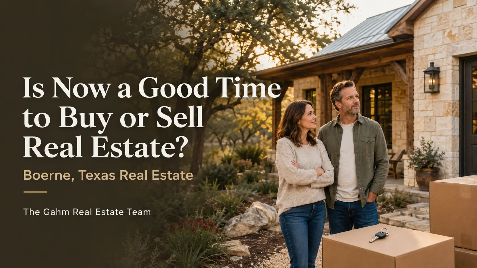 Adults considering a move outside a Hill Country-style home in Boerne with moving boxes and house keys